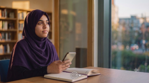 Woman wearing a purple hijab sits at a table in a library, looking thoughtfully while holding a smartphone over an open notebook.