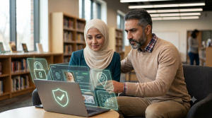 A man and a woman in a library look at a laptop displaying glowing holographic security panels and a user profile.