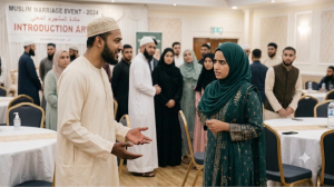 Man in beige traditional attire talks with a woman in a green hijab at a Muslim wedding event; banner reading 'Muslim Marriage Event 2024' and guests in the background.
