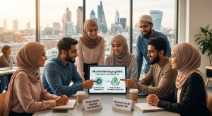 Group of diverse Muslims in a meeting around a tablet displaying MuslimMarriage.global, discussing partnerships in a bright office.