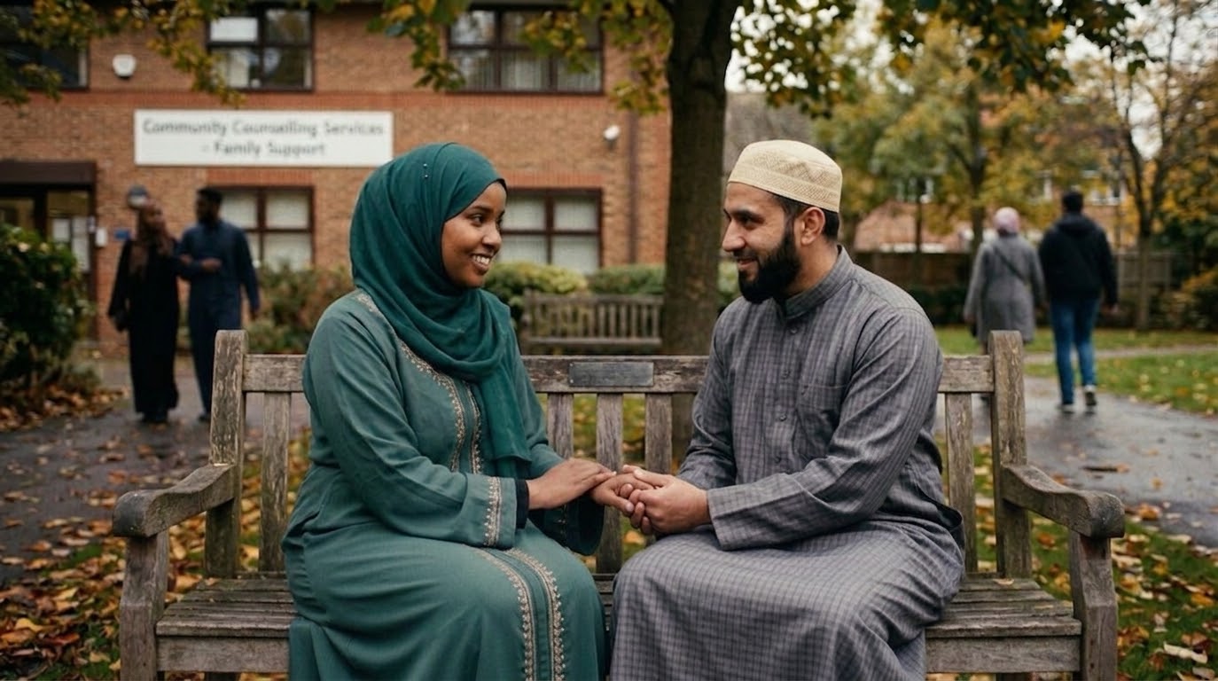 Couple in modest clothing sits on a park bench, holding hands and smiling, autumn leaves on the ground.