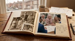 Open photo album on a wooden table: left page shows old black‑and‑white family portraits, right page a contemporary scene of a family in hijab discussing documents with professionals over a table, with a coffee cup nearby.