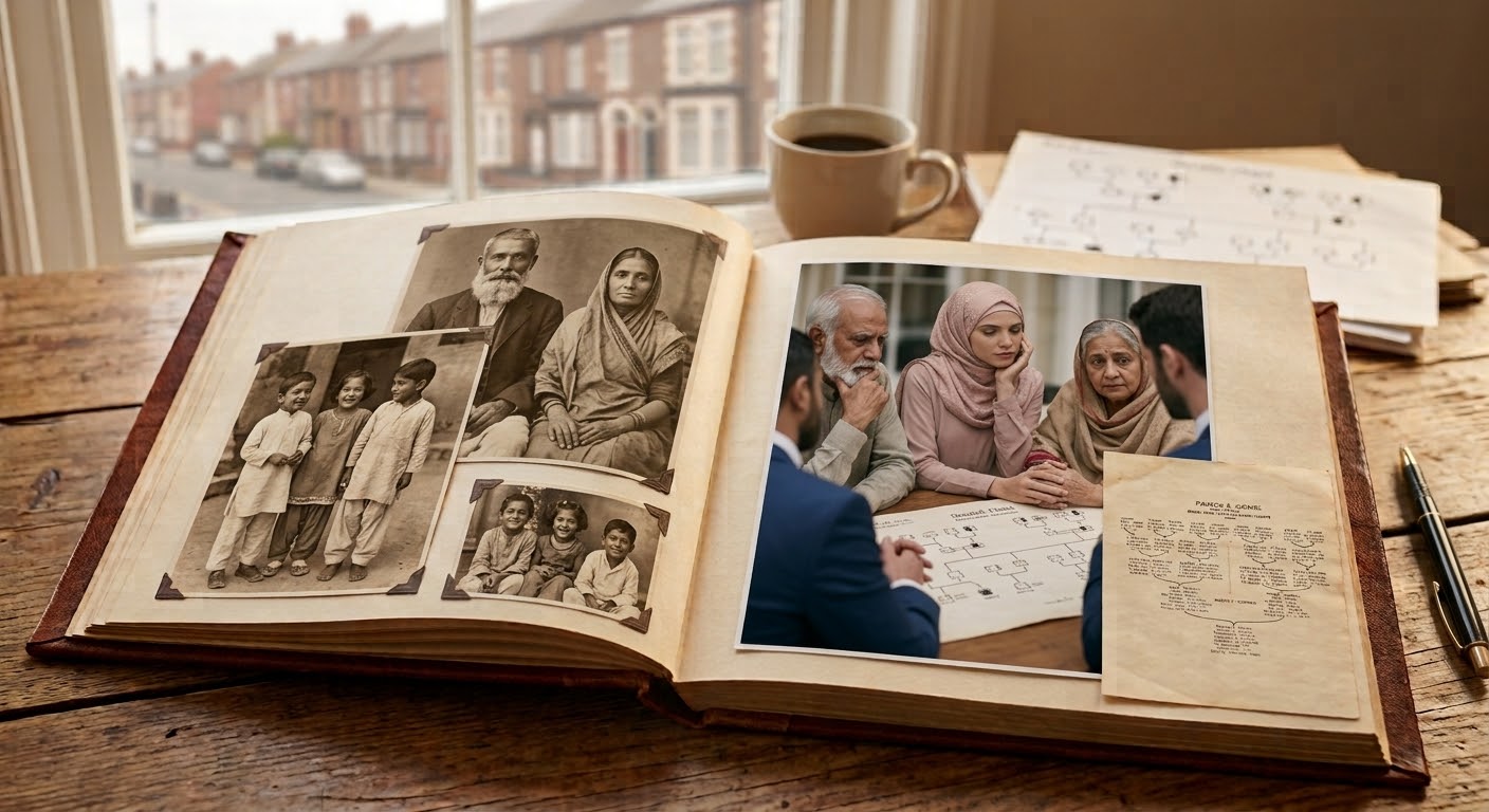 Open photo album on a wooden table: left page shows old black‑and‑white family portraits, right page a contemporary scene of a family in hijab discussing documents with professionals over a table, with a coffee cup nearby.
