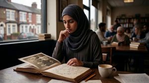 Woman wearing hijab sits at a cafe table, reading an old illustrated book with a cup of coffee nearby.