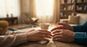 Two people reach hands toward each other across a wooden table, with a cup of tea nearby in a cozy living room.