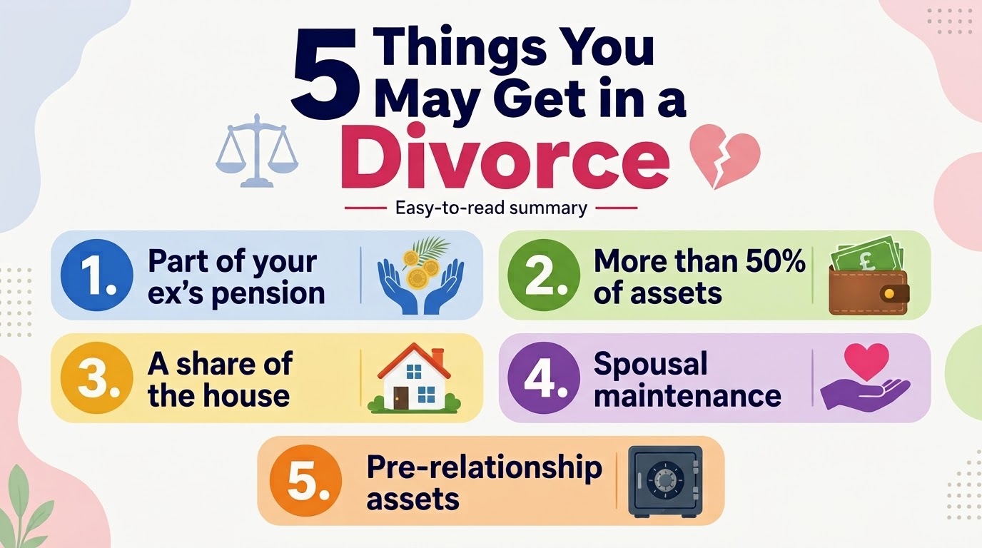 Infographic: 5 divorce assets to consider, with numbered items and icons for pension, assets, house, maintenance, and pre-relationship assets (summary)