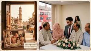 Collage: left frame shows a family portrait in Dhaka with a busy street outside; a plaque reads 'Pre-Departure Family Gathering'. Right shows a wedding reception with guests around a table and a floral centerpiece.