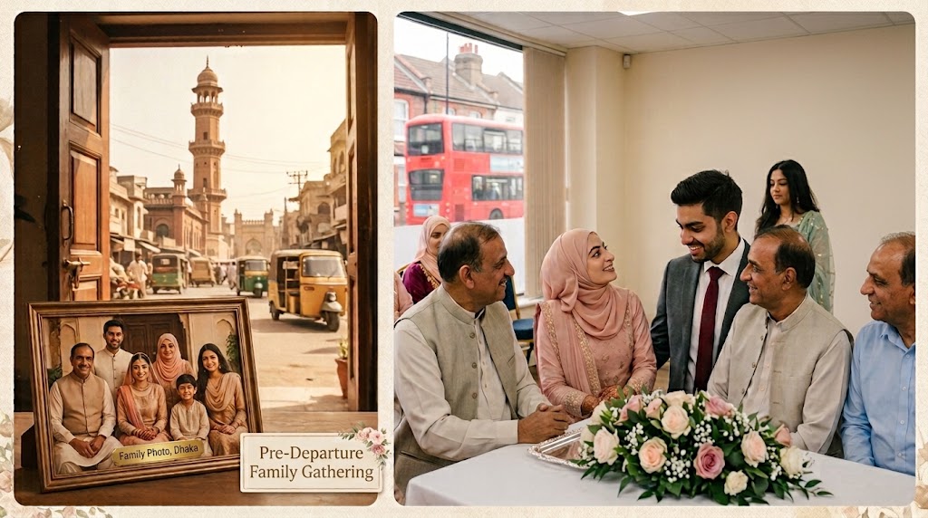 Image - Blog Muslim Marriage Services Collage: left frame shows a family portrait in Dhaka with a busy street outside; a plaque reads 'Pre-Departure Family Gathering'. Right shows a wedding reception with guests around a table and a floral centerpiece.