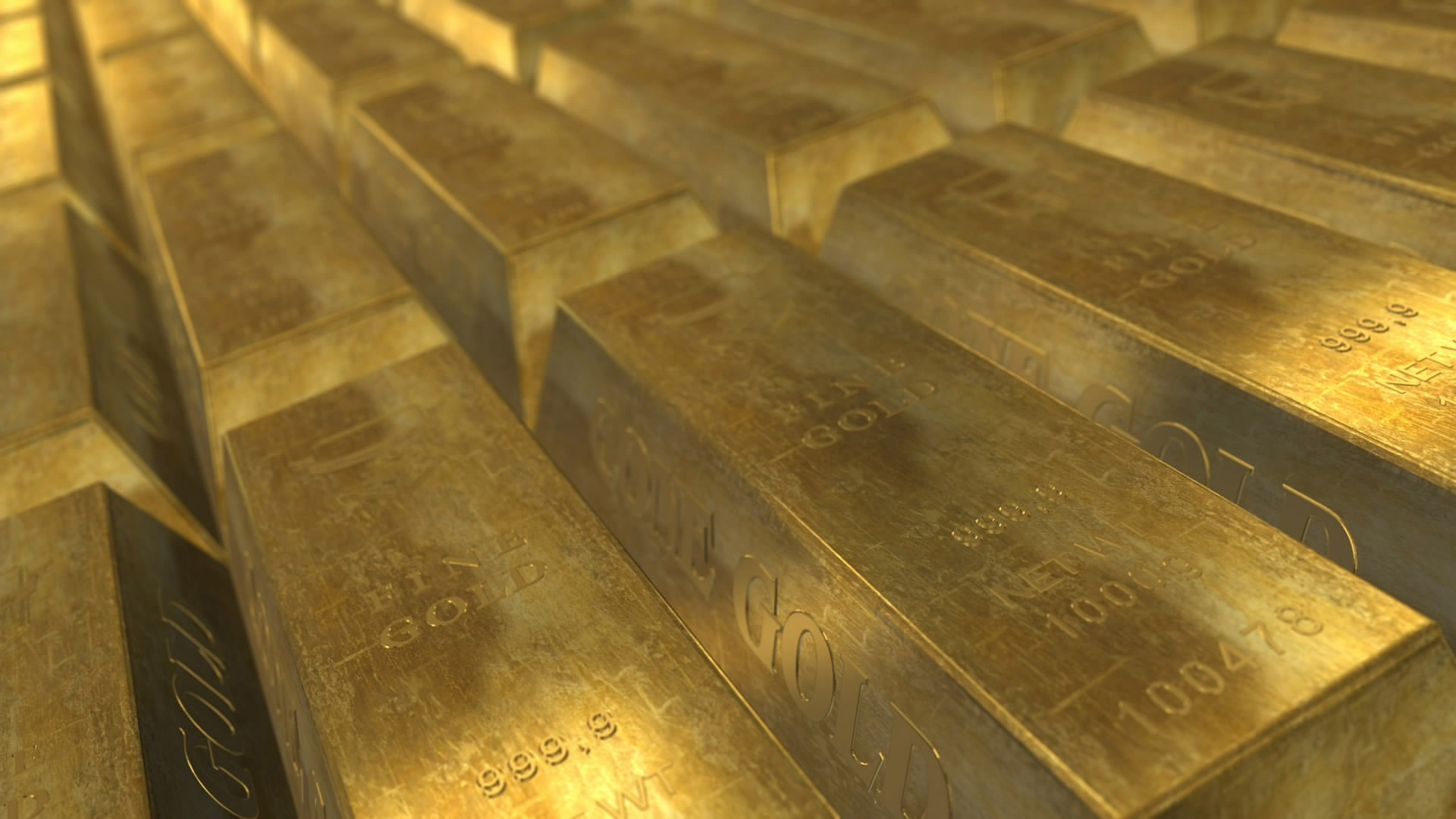 Pile of gold bars stacked in a vault, polished and shiny.