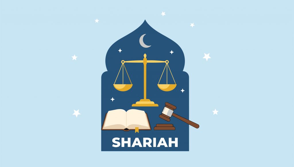 Poster-style illustration of Shariah law: scales of justice, gavel, open book, and the word SHARIAH on a blue backdrop.