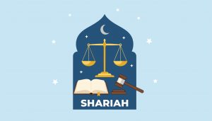 Poster-style illustration of Shariah law: scales of justice, gavel, open book, and the word SHARIAH on a blue backdrop.