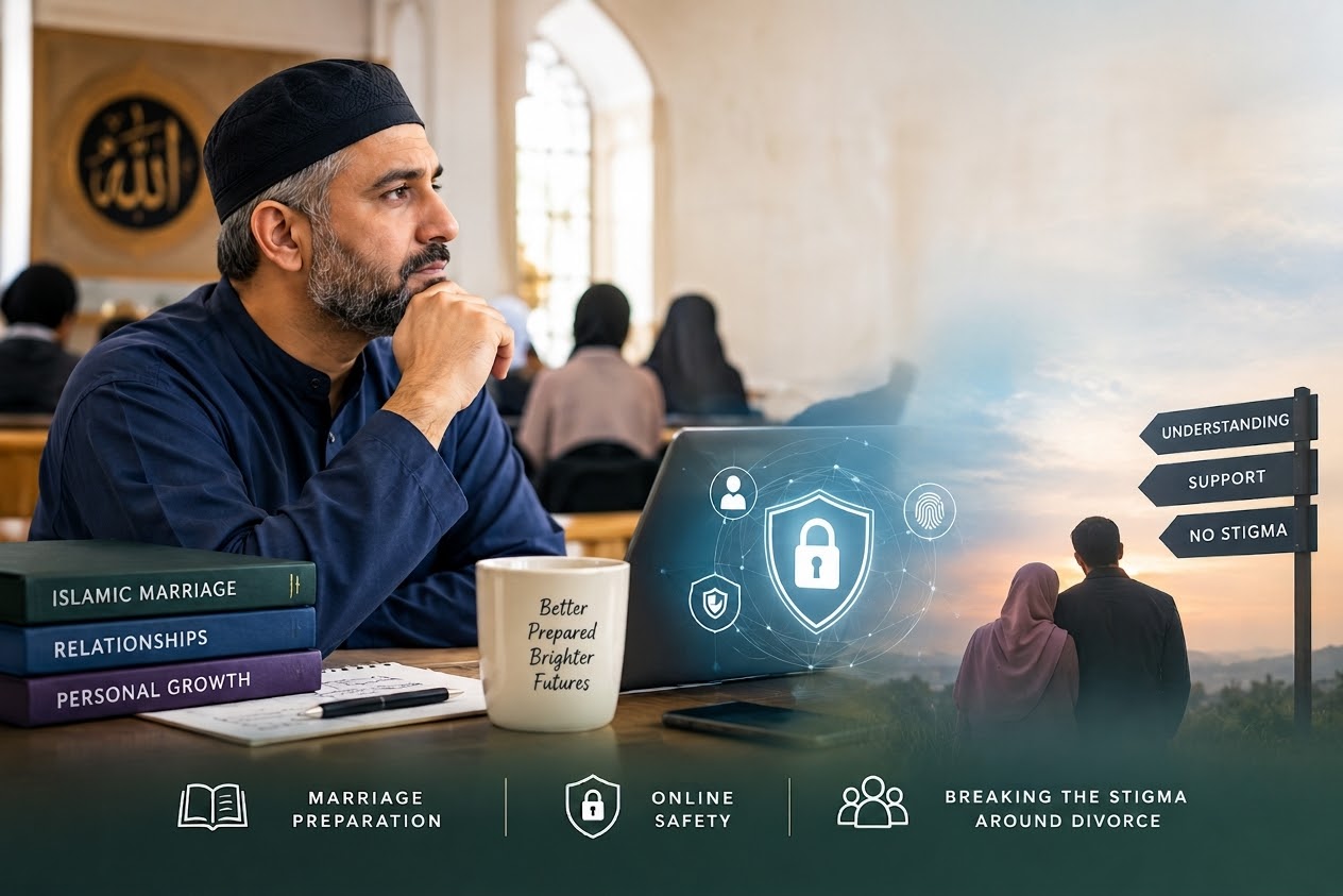 Muslim man thinking at a desk with books on Islamic marriage and a laptop showing a security shield, symbolizing marriage prep and online safety.