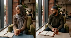 Two people sit in a cafe by a large window: a woman in a hijab on the left holding a latte, with an open notebook nearby. On the right, a man with a beard and skullcap sits with a notebook and a glass.