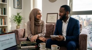 Two people chatting on a sofa in a bright living room, with a laptop open to 'Financial Goals - 2024' and books nearby.