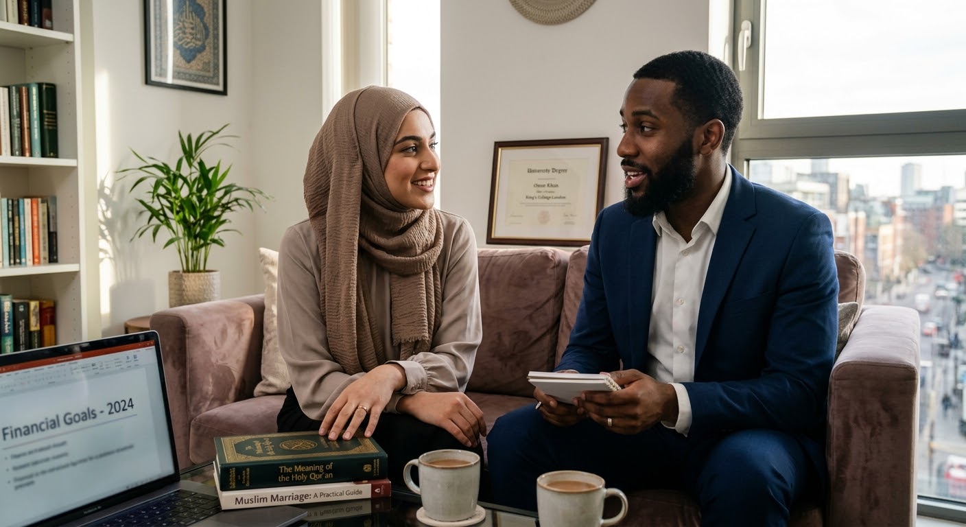 Two people chatting on a sofa in a bright living room, with a laptop open to 'Financial Goals - 2024' and books nearby.