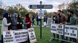 Group of Muslim women in hijabs protest with signs calling to end patriarchy and misogyny at a park rally, central sign contrasts feminism and antifeminism.