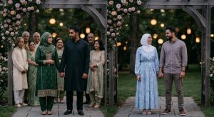 A diverse group of guests under a flower arch at dusk, two couples holding hands and smiling.