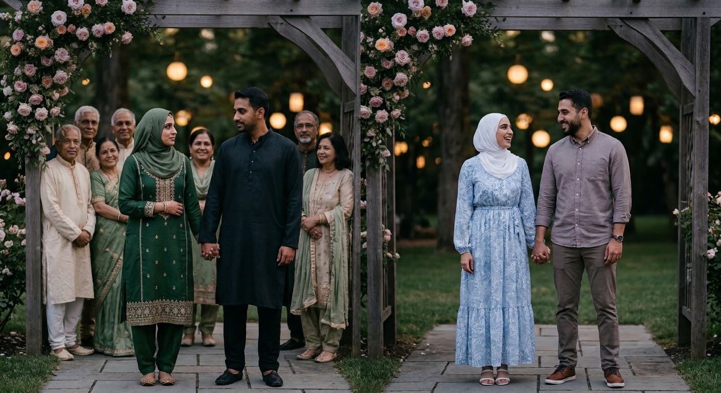 A diverse group of guests under a flower arch at dusk, two couples holding hands and smiling.