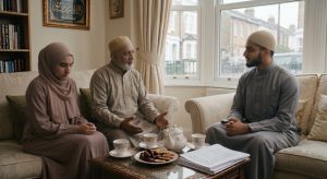 Three Muslims sit on a sofa in a bright living room, sharing tea and dates as an elderly man speaks and the others listen.