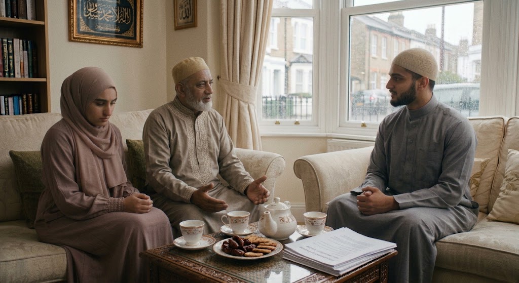 Three Muslims sit on a sofa in a bright living room, sharing tea and dates as an elderly man speaks and the others listen.