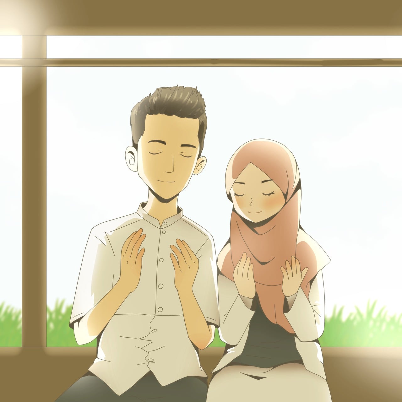 milaoktasafitri-couple-6931965_1280 - Blog Muslim Marriage Services Man and woman sit side by side with eyes closed, hands raised in prayer by a window.